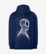 Buzo con capucha de color azul marino, confeccionado en tejido fleece. Presenta un diseño de manga larga con bolsillo tipo canguro y una estampa artística en la espalda que representa la silueta de Spider-Man con efecto de telaraña.