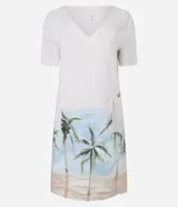 Vestido corto de viscosa y lino, corte recto, con escote en V, mangas cortas y estampado de palmeras en el ruedo.