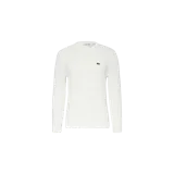 Sweater Lacoste de punto trenzado en color blanco, con cuello redondo, manga larga y el clásico logo del cocodrilo bordado en el pecho.
