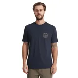 Remera azul de manga corta con cuello redondo y estampado circular en el pecho con la leyenda "Roark Adventure Ready Goods".