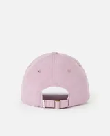 Gorra de seis paneles Rip Curl modelo Mixed, color rosado con bordado frontal en blanco de una flor y la marca.