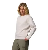 Buzo de cuello redondo color gris claro, confeccionado en mezcla de algodón, con diseño de hombros caídos, puños y dobladillo acanalados. Presenta un estampado circular frontal con la inscripción "Columbia Sportswear" en tonos claros.