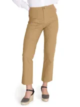 Pantalón de mujer color curry, de pierna recta y tiro alto, con bolsillos estilo carpintero. Confeccionado en algodón orgánico.