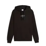 Canguro negro con capucha y cordones ajustables, bolsillo frontal tipo canguro y logo de la marca estampado en el centro del pecho.