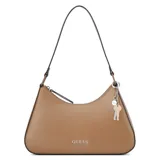 Cartera tipo shoulder bag Guess modelo Layla, color marrón, confeccionada en poliuretano simil cuero. Posee cierre superior, asa de hombro y detalle de llavero decorativo con dijes metálicos colgantes. Incluye el logo de la marca en la parte frontal.