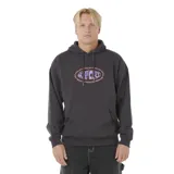 Canguro Rip Curl negro con capucha y cordones ajustables. Presenta un estampado ovalado en el pecho con el logo de la marca en tonos violeta y naranja. Incluye un bolsillo canguro frontal.