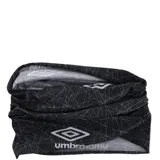 Bufanda tubular tipo buff de la marca Umbro, color negro con estampado geométrico de líneas finas blancas y logo de la marca en contraste.