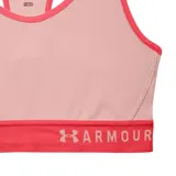 Top deportivo Under Armour celeste con contorno verde, espalda deportiva y logo en la banda inferior.