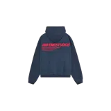 Hoodie oversized de color azul marino, de manga larga y capucha. Cuenta con el logotipo y texto de la marca en color rojo estampado en la parte trasera.