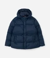 Campera puffer acolchada azul marino de Ashua, con capucha, mangas largas, bolsillos frontales, cordón regulable en la cintura y cierre frontal con broches a presión.