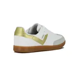 Championes urbanos Pony modelo Moma, unisex, color blanco con detalles dorados y suela marrón.