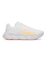 Championes de running Under Armour modelo Halo Runner SE, color blanco con detalles en naranja. Presentan una entresuela voluminosa con diseño estructurado y suela de goma con tracción.