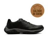 Zapato casual de cuero Hi-Tec modelo Adiran, de color negro con suela gris y detalles texturizados. Diseñado para ofrecer comodidad y protección en el uso diario.
