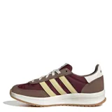 Championes Adidas modelo Run 70s 2.0, color bordó y marrón con las clásicas tres tiras en tono amarillo claro y suela de goma.