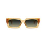 Lentes de sol Vulk modelo Pretend, con montura rectangular color naranja translúcido y lentes polarizadas color verde degradado.