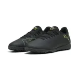 Championes de fútbol Puma Future 8 Play TT, color negro con detalles en verde lima. Diseño con textura en el empeine y suela multitaco para césped sintético.