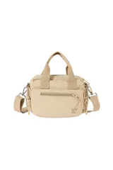 Bandolera color beige con múltiples bolsillos con cierre, doble asa corta de mano y correa larga ajustable y desmontable.