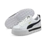 Championes Puma Mayze Lth blancos con detalles en negro y dorado. Capellada de cuero con detalles sintéticos y de gamuza. Plataforma de goma texturizada.