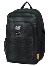 Mochila Caterpillar modelo Bennett de diseño urbano, color negro con estampado geométrico sutil. Cuenta con compartimento principal con cierre, bolsillo frontal con organizador y logo de la marca, bolsillos laterales de malla y asa superior.