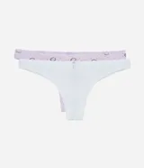 Pack de dos tangas de microfibra, una blanca lisa y otra lila con estampado de ojos y lunares.