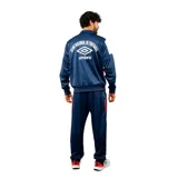 Conjunto deportivo Umbro del Club Nacional de Football, compuesto por campera con cierre frontal y pantalón largo. Diseño en color azul con detalles en blanco y rojo, incluyendo el escudo del club y el logo de la marca.
