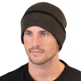 Gorro de lana gris con una franja horizontal negra y logo de la marca en un parche de cuero sintético.