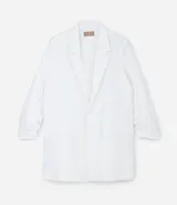 Blazer marrón de crepé de viscosa, corte alargado, sin cierre y mangas fruncidas.