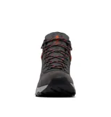 Bota de trekking Columbia modelo Newton Ridge, color gris oscuro con detalles en negro y cordones con toques naranjas. Presenta empeine de ante impermeable, herrajes metálicos y suela de caucho de alta tracción.