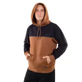 Canguro con capucha O'Neill, diseño color block en tonos marrón y negro, con bolsillo frontal tipo canguro y cordones ajustables en la capucha.