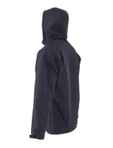 Campera marrón de neopreno con capucha, cierre frontal y bolsillos laterales con cierre.