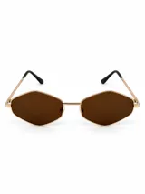 Lentes de sol con armazón metálico dorado y diseño hexagonal, con cristales marrones y patillas finas con extremos negros.