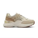 Championes deportivos de mujer, estilo chunky, en tonos beige, crema y marrón claro. Presentan detalles en glitter dorado en forma de estrella en el lateral, apliques metálicos dorados en el talón y suela gruesa blanca con base de goma marrón.