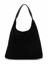 Cartera tipo hobo de gamuza negra con asa de hombro integrada en cuero sintético.