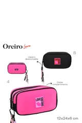 Necessaire rectangular de Las Oreiro en color fucsia, con cierre superior y tiradores decorativos de cordón. Presenta un parche frontal con el logo de la marca y un diseño de labios.