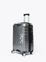 Valija rígida de 24 pulgadas color gris oscuro, con manija telescópica y cuatro ruedas dobles.