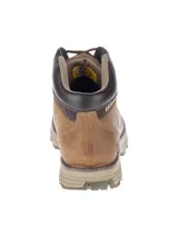 Bota de cuero color marrón con diseño robusto, cordones frontales con ganchos metálicos, cuello acolchado y suela de goma con relieve para mayor tracción.