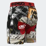 Calzoncillos tipo bóxer de la marca PSD, con estampado de billetes de dólares, diamantes y la frase "Cash Money". Cintura elástica roja con logo de la marca en negro.