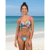 Conjunto de bikini United Uy modelo Emily con estampado tropical multicolor de hojas. La parte superior es de corte triangular con tiras cruzadas y volados en los breteles, mientras que la parte inferior es tipo tanga con detalles fruncidos.