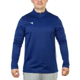 Buzo deportivo de manga larga, color azul, con cuello alto y cierre parcial frontal. Presenta un logo blanco en el pecho y paneles laterales blancos.