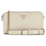 Cartera tipo bandolera rectangular de Guess, color marfil o hueso, con acabado liso y herrajes dorados. Cuenta con una correa combinada de cadena dorada y tira ancha ajustable de cuero sintético del mismo color.