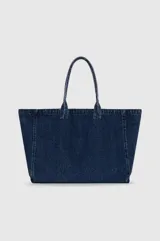 Bolso tipo tote bag de denim azul con doble asa superior y estampado frontal en blanco de la marca Anine Bing Los Angeles Melrose Avenue.