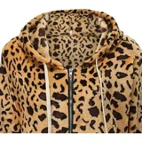 Campera tipo polar con cierre frontal, diseño combinado con estampado animal print en la parte superior y tejido de peluche blanco en la parte inferior. Cuenta con capucha con cordones ajustables y dos bolsillos frontales.