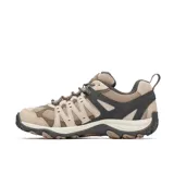 Championes de trekking Merrell Accentor 3 para hombre, color beige con detalles en marrón y gris. Capellada de ante y malla transpirable, cordones y refuerzos reciclados, puntera de goma protectora, entresuela de espuma EVA y suela de goma adherente.
