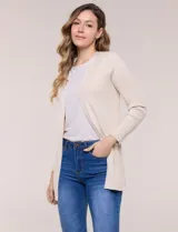 Cardigan abierto tejido en punto acanalado, marca Rio & Rian, de color beige con mangas largas.