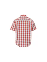 Camisa de manga corta Caterpillar con estampado de cuadros en tonos rojos, blancos y grises. Presenta cuello clásico, cierre frontal con botones y un bolsillo en el pecho con el logo de la marca.