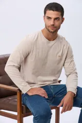 Remera manga larga lisa, color gris claro, con cuello redondo y logo bordado en el pecho.