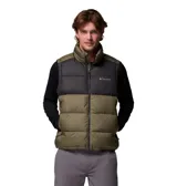 Chaleco acolchado Columbia Pike Lake II Vest con tecnología termorreflectante Omni-Heat. Diseño bicolor en verde militar y negro, con cuello alto, cierre frontal y bolsillos laterales con cierre.