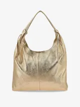 Cartera tipo saco de cuero suave, de diseño amplio y relajado, con asa para llevar al hombro, tiras anudadas a los lados y cierre.