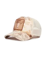 Gorra tipo trucker de Goorin Bros con estampado efecto mármol en tonos beige y marrón. Presenta un panel frontal estructurado con parche bordado de un cráneo de animal y la palabra 'DEAD', malla trasera transpirable y visera curva.