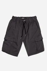 Bermuda cargo marca Mistral, color gris oscuro, con cintura elastizada y cordón de ajuste. Cuenta con bolsillos laterales tipo cargo con solapa y bolsillos frontales.